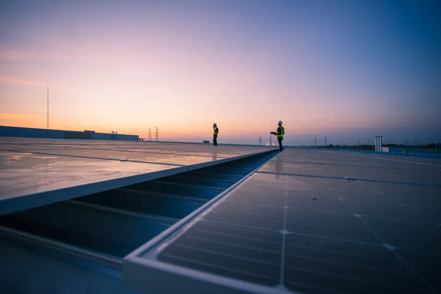Factory Solar Panels Installation during Evening